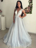Elegant A-line V Neck Open Back Lace Appliques Long Formal Prom Dresses by BIZTUNNEL
