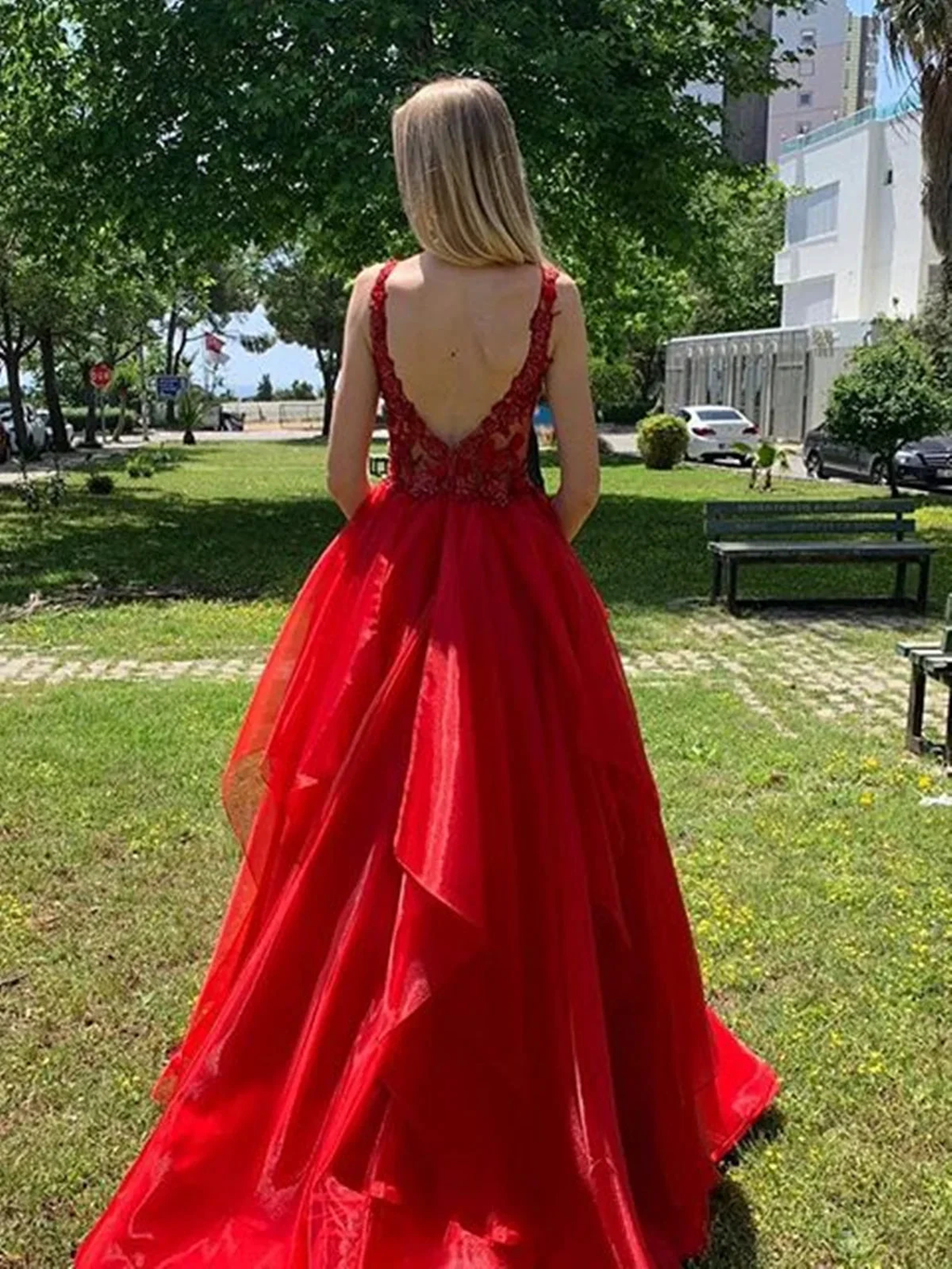 Elegant A-line V Neck Open Back Long Prom Dresses Red Formal Evening Gowns by BIZTUNNEL