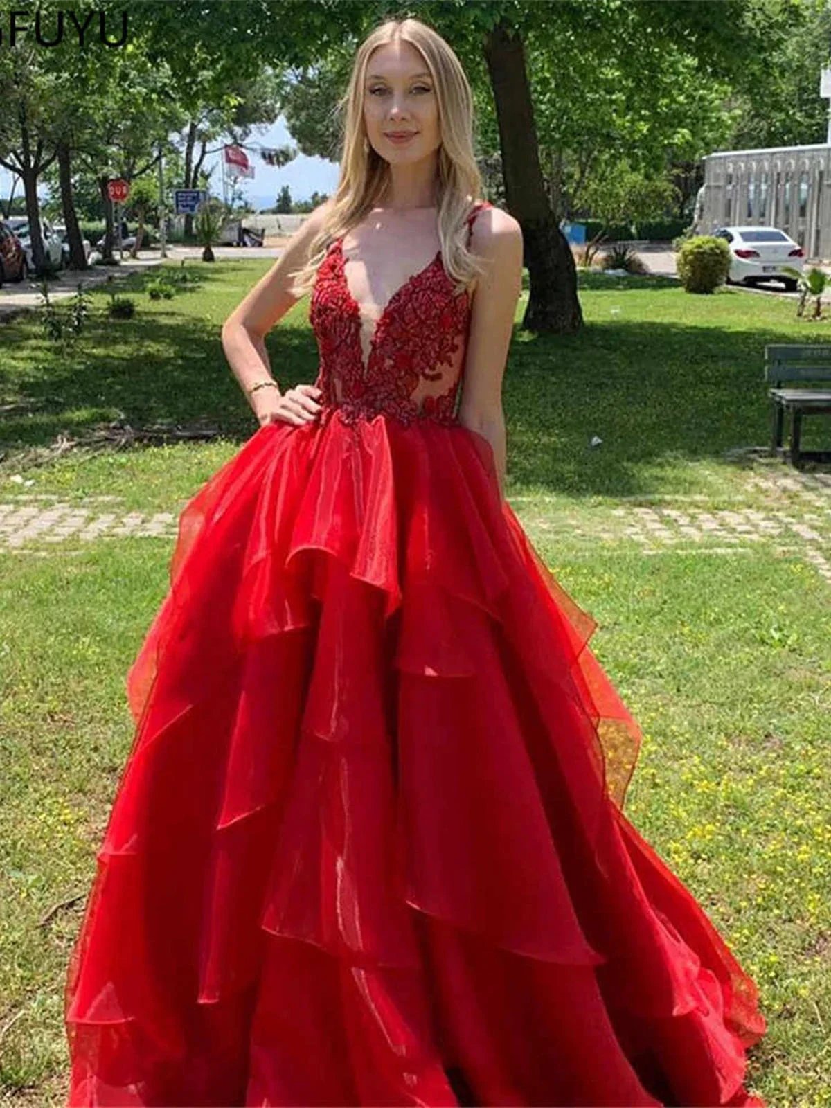 Elegant A-line V Neck Open Back Long Prom Dresses Red Formal Evening Gowns by BIZTUNNEL
