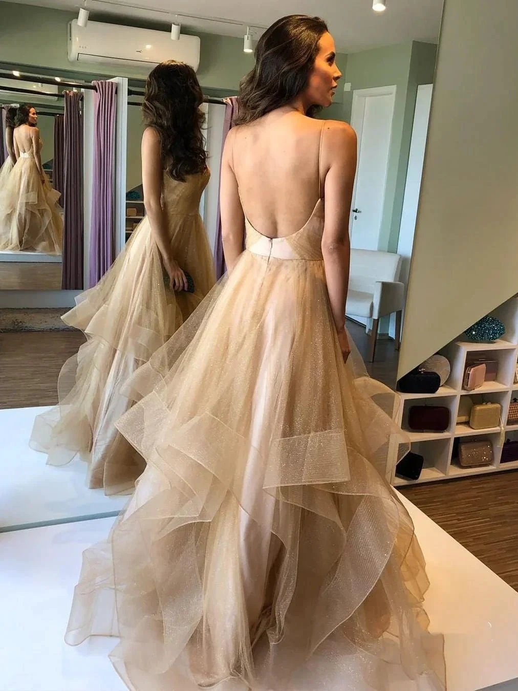 Elegant A-line V Neck Puffy Tulle Backless Long Prom Dresses by BIZTUNNEL