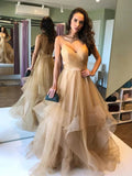 Elegant A-line V Neck Puffy Tulle Backless Long Prom Dresses by BIZTUNNEL
