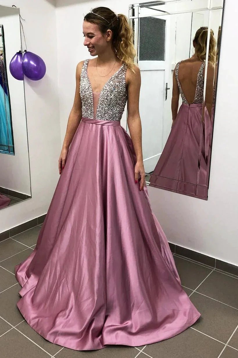 Elegant A-line V-neck Satin Open Back Long Prom Dress with Beading by BIZTUNNEL