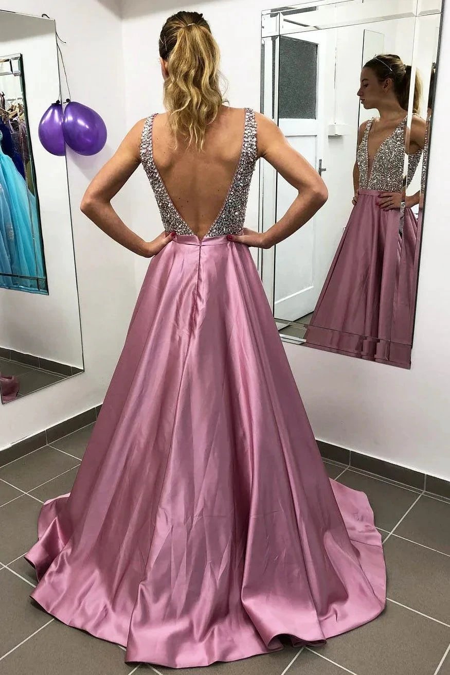 Elegant A-line V-neck Satin Open Back Long Prom Dress with Beading by BIZTUNNEL