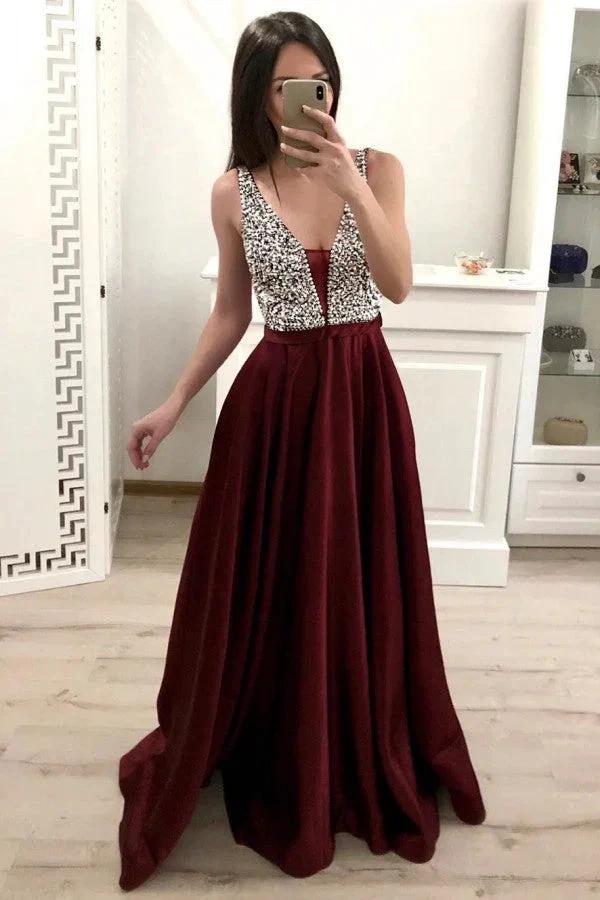 Elegant A-line V-neck Satin Open Back Long Prom Dress with Beading by BIZTUNNEL