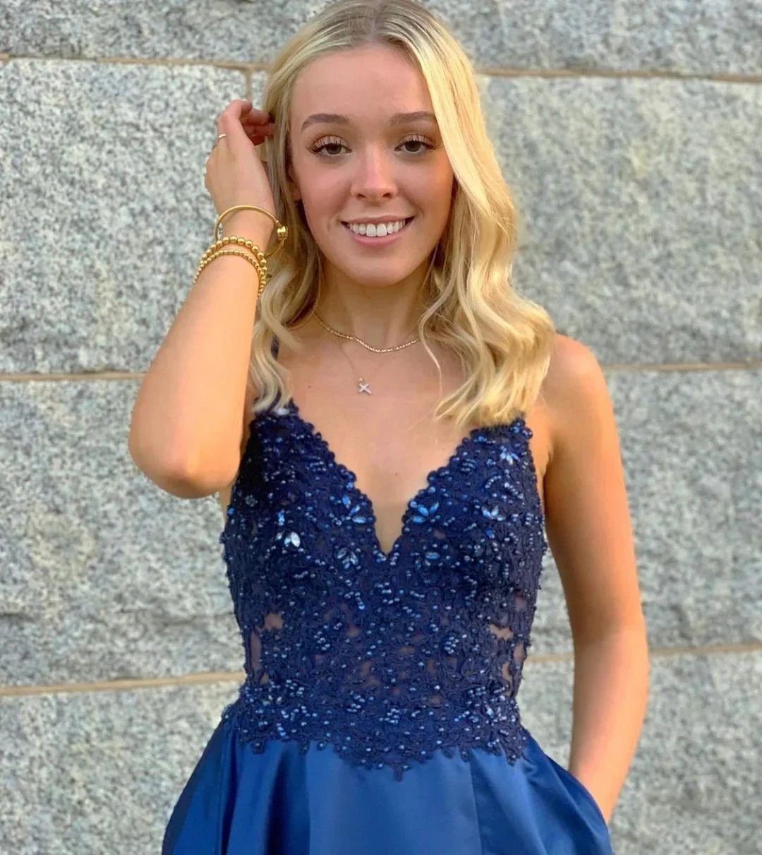 Elegant A-line V-neck Spaghetti Straps Satin Front Slit Prom Dress With Pockets by BIZTUNNEL