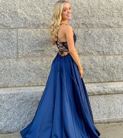 Elegant A-line V-neck Spaghetti Straps Satin Front Slit Prom Dress With Pockets