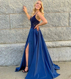 Elegant A-line V-neck Spaghetti Straps Satin Front Slit Prom Dress With Pockets by BIZTUNNEL