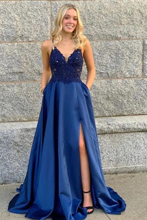 Elegant A-line V-neck Spaghetti Straps Satin Front Slit Prom Dress With Pockets by BIZTUNNEL