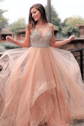 Elegant A-Line V-neck Spaghetti-Straps Tulle Long Prom Dress by BIZTUNNEL