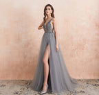 Elegant A-line V-neck Tulle Beading Open Back Prom Dress with Slit