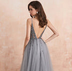 Elegant A-line V-neck Tulle Beading Open Back Prom Dress with Slit