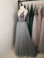 Elegant A-line V-neck Tulle Beading Open Back Prom Dress with Slit