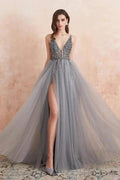 Elegant A-line V-neck Tulle Beading Open Back Prom Dress with Slit by BIZTUNNEL