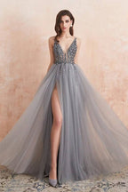 Elegant A-line V-neck Tulle Beading Open Back Prom Dress with Slit