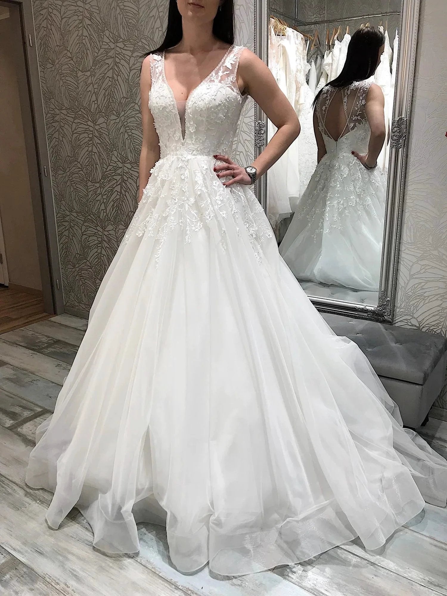 Elegant A-line V Neck White Lace Backless Long Wedding Dresses by BIZTUNNEL