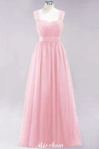 Elegant aline Sleeveless Tulle Evening Maxi Gown Burgundy Straps Bridesmaid Dress by misshow.com