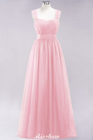 Elegante vestido de noche largo de tul sin mangas con tirantes burdeos para dama de honor