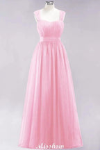 Elegant aline Sleeveless Tulle Evening Maxi Gown Burgundy Straps Bridesmaid Dress by misshow.com