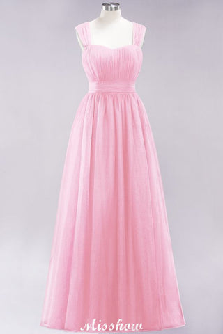 Elegante vestido de noche largo de tul sin mangas con tirantes burdeos para dama de honor
