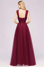 Elegant aline Sleeveless Tulle Evening Maxi Gown Burgundy Straps Bridesmaid Dress by misshow.com