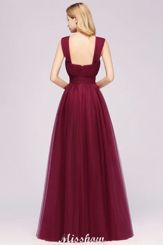 Elegante vestido de noche largo de tul sin mangas con tirantes burdeos para dama de honor
