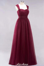 Elegant aline Sleeveless Tulle Evening Maxi Gown Burgundy Straps Bridesmaid Dress by misshow.com