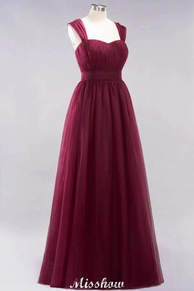 Elegant aline Sleeveless Tulle Evening Maxi Gown Burgundy Straps Bridesmaid Dress by misshow.com