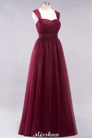 Elegante vestido de noche largo de tul sin mangas con tirantes burdeos para dama de honor