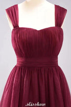 Elegant aline Sleeveless Tulle Evening Maxi Gown Burgundy Straps Bridesmaid Dress by misshow.com