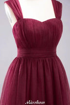 Elegant aline Sleeveless Tulle Evening Maxi Gown Burgundy Straps Bridesmaid Dress by misshow.com