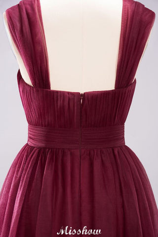 Elegante vestido de noche largo de tul sin mangas con tirantes burdeos para dama de honor