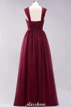 Elegant aline Sleeveless Tulle Evening Maxi Gown Burgundy Straps Bridesmaid Dress by misshow.com