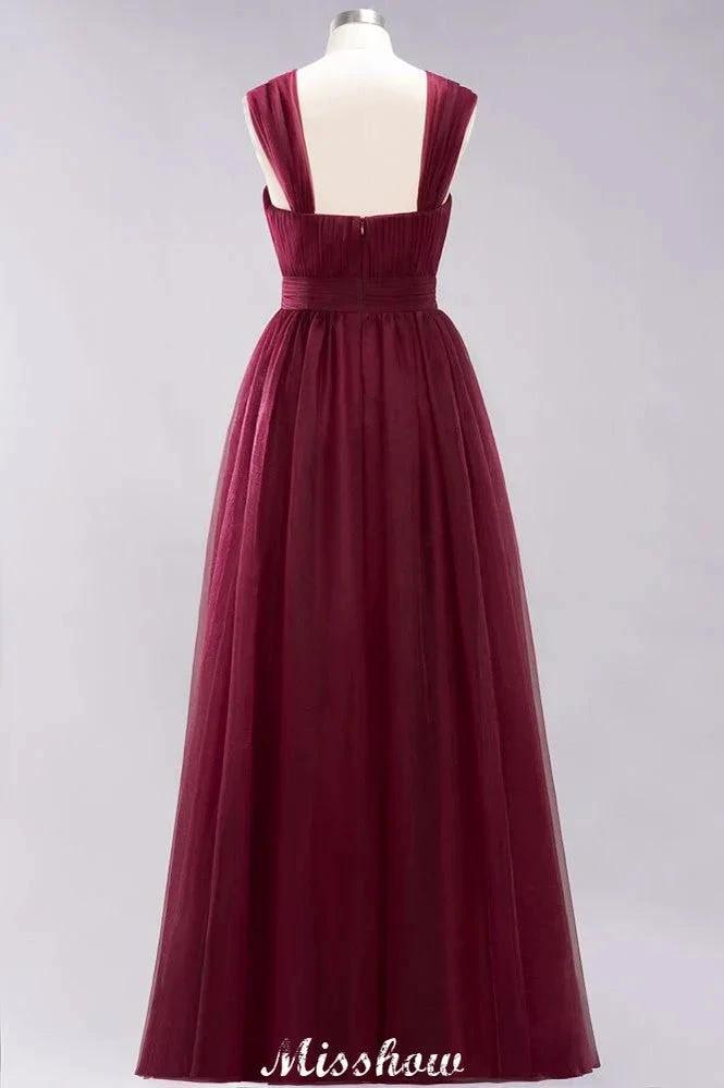 Elegant aline Sleeveless Tulle Evening Maxi Gown Burgundy Straps Bridesmaid Dress by misshow.com