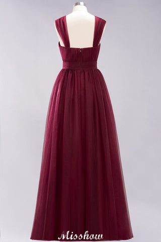 Elegante vestido de noche largo de tul sin mangas con tirantes burdeos para dama de honor