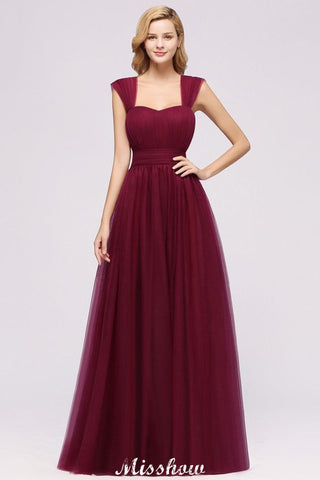 Elegante vestido de noche largo de tul sin mangas con tirantes burdeos para dama de honor
