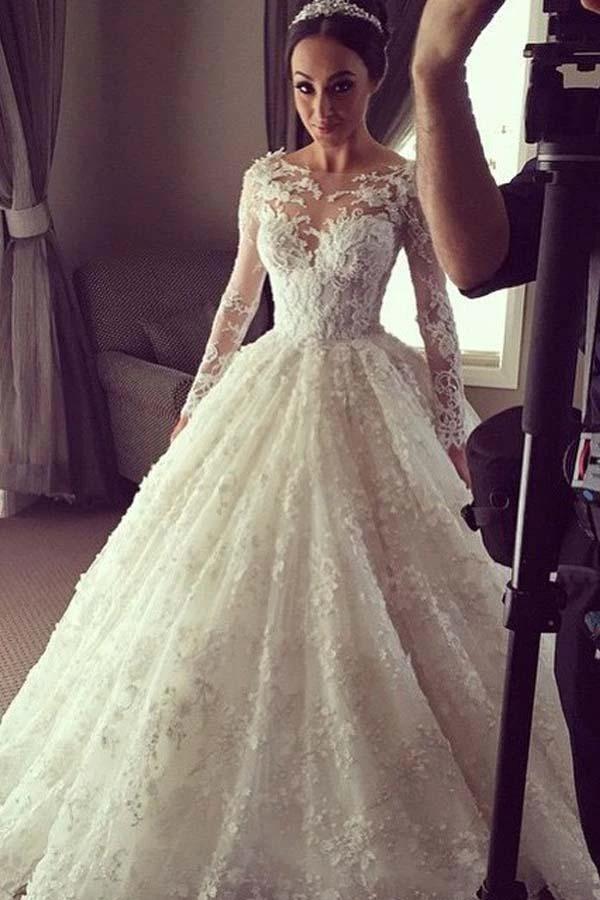 Elegant Ball Gown Lace Long Wedding Dress with Long Illusion Sleeves WD280 by pgmdress