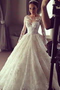 Elegant Ball Gown Lace Long Wedding Dress with Long Illusion Sleeves WD280 by pgmdress