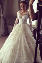 Elegant Ball Gown Lace Long Wedding Dress with Long Illusion Sleeves WD280 by pgmdress