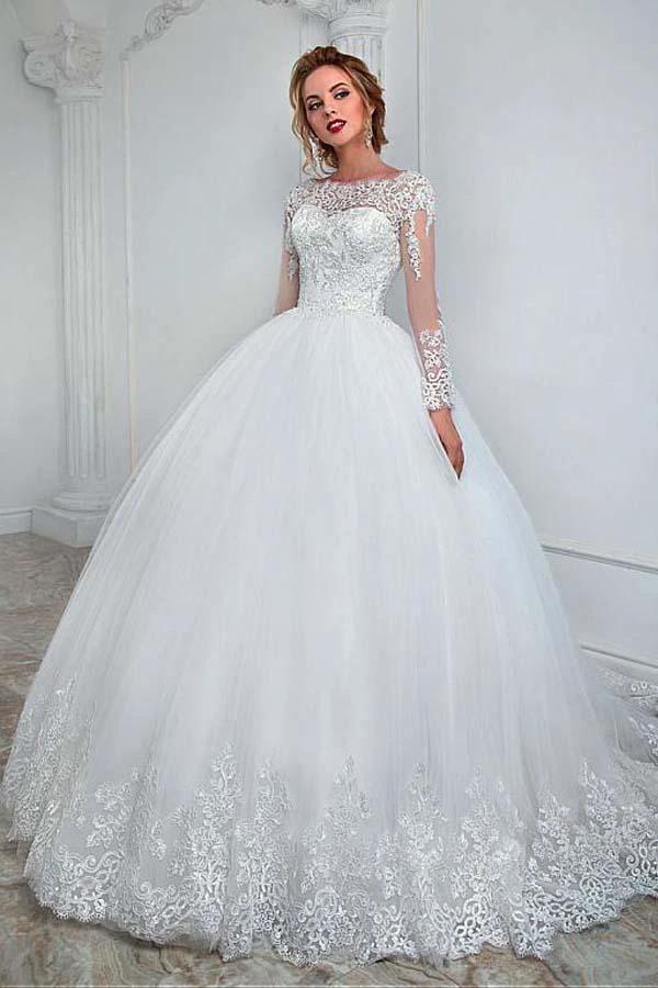 Elegant Bateau Neckline Ball Gown Wedding Dress With Lace Appliques WD193 by pgmdress