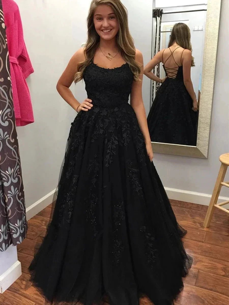 Elegant Black A-line Lace Tulle Long Backless Prom Formal Evening Dresses by BIZTUNNEL