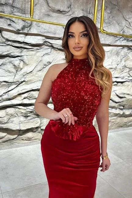 Elegant Black Halter Sleeveless Floor-length Prom Dresses with Slit by misshow.com