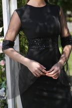 Elegant Black Jewel Long-Sleeves Mermaid Satin Prom Dresses