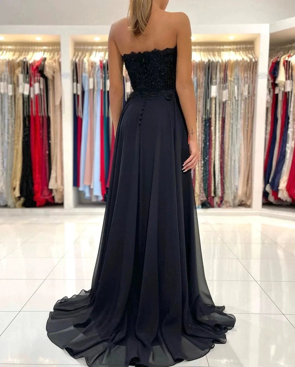 Elegant Black Long A-line Sweetheart Chiffon Prom Dress with Slit by BIZTUNNEL