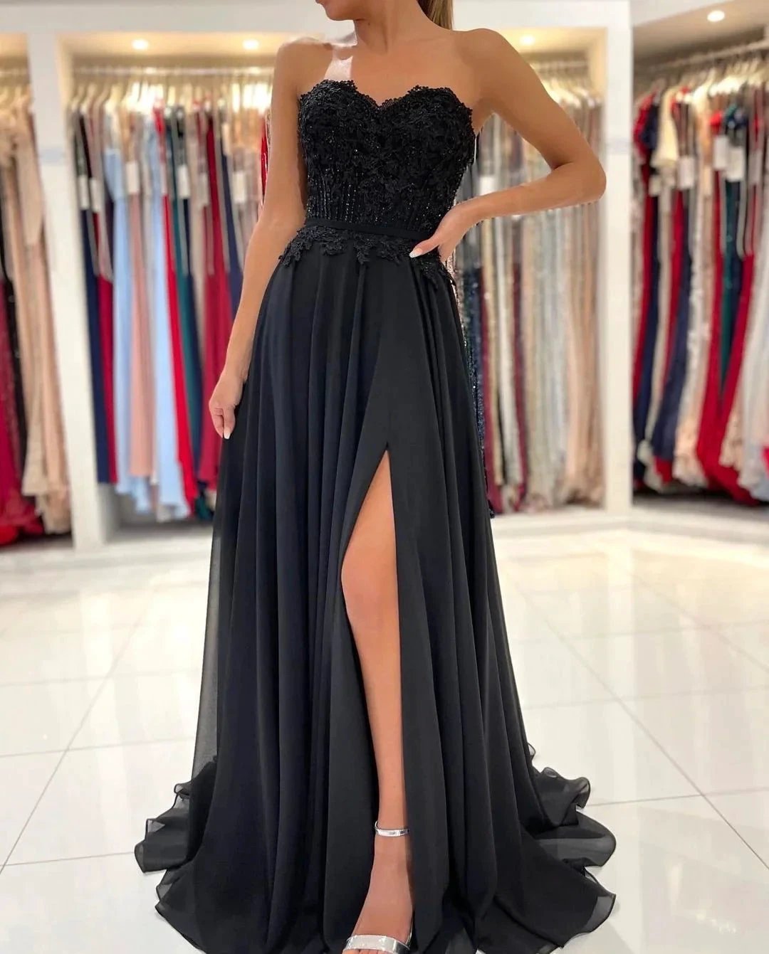 Elegant Black Long A-line Sweetheart Chiffon Prom Dress with Slit by BIZTUNNEL