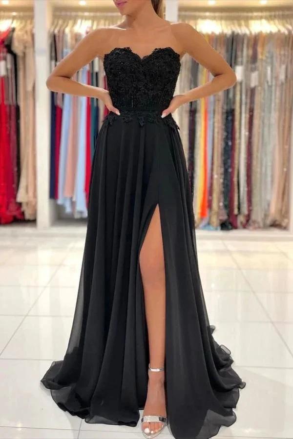 Elegant Black Long A-line Sweetheart Chiffon Prom Dress with Slit by BIZTUNNEL