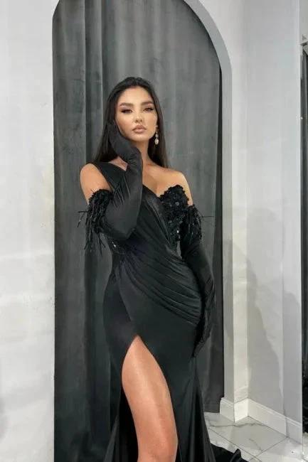 Elegant Black Long Mermaid One Shoulder Sequined Prom Dresses With Slit by misshow.com