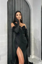 Elegant Black Long Mermaid One Shoulder Sequined Prom Dresses With Slit by misshow.com