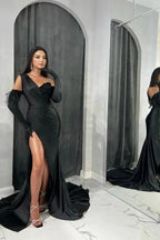 Elegant Black Long Mermaid One Shoulder Sequined Prom Dresses With Slit by misshow.com