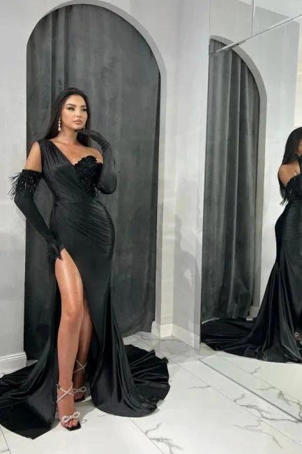 Elegant Black Long Mermaid One Shoulder Sequined Prom Dresses With Slit by misshow.com