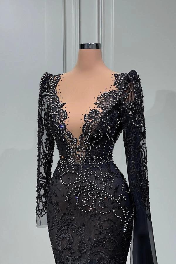 Elegant Black Long Mermaid V-neck Tulle Lace Prom Dress with Sleeves by BIZTUNNEL